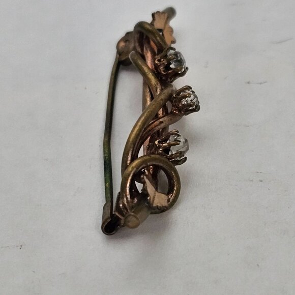 VTG Brooch Gold Tone Bar Rhinestone Antique Regencycore Leaf Accent Fairycore 2" - Picture 10 of 16